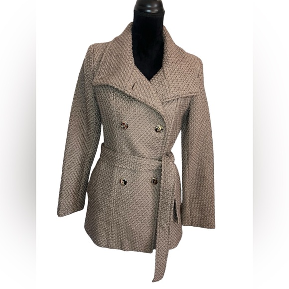 CALVIN KLEIN STUNNING DOUBLE BREASTED WAFFLE TEXTURED GOLD BUTTONS WINTER COAT - Picture 4 of 13